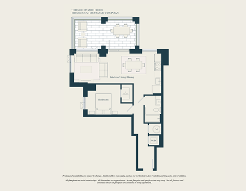 Floor plan for 1 bed, 1 bath, 688 sqft